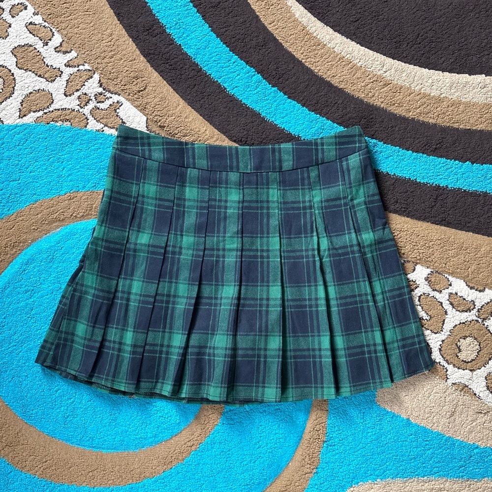 Green and Navy Blue Plaid Pleated Mini Skirt With Built In Shorts